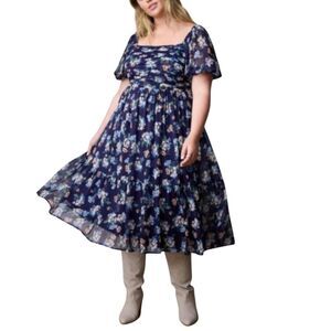 Lauren Conrad Square Neck Pleated Bodice Navy Floral Midi Dress Sz XXL